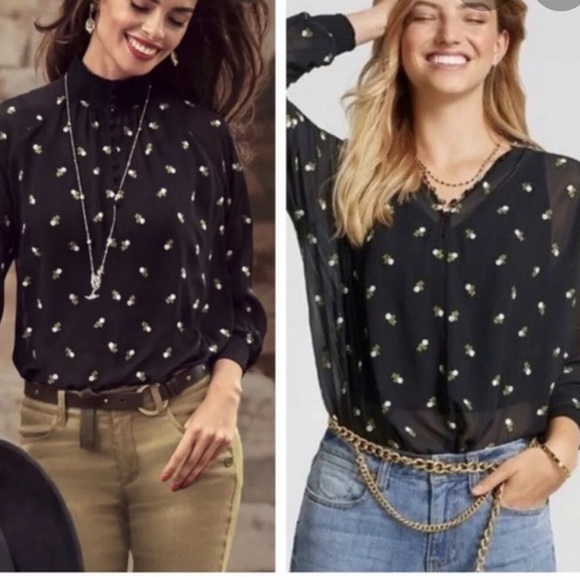 Cabi Black Embroidered Sheer Floral Smocked Neck Blouse Size XS - Picture 10 of 10